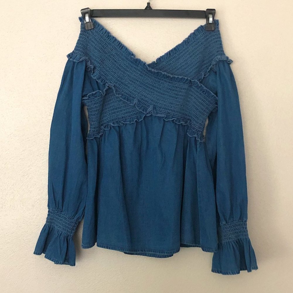 ASOS Denim Long Sleeve Off Shoulder Top SZ 8